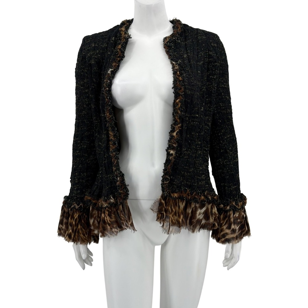 Alberto Makali Sweater Womens 4 Black Brown Metallic Lurex Leopard Trim Artsy